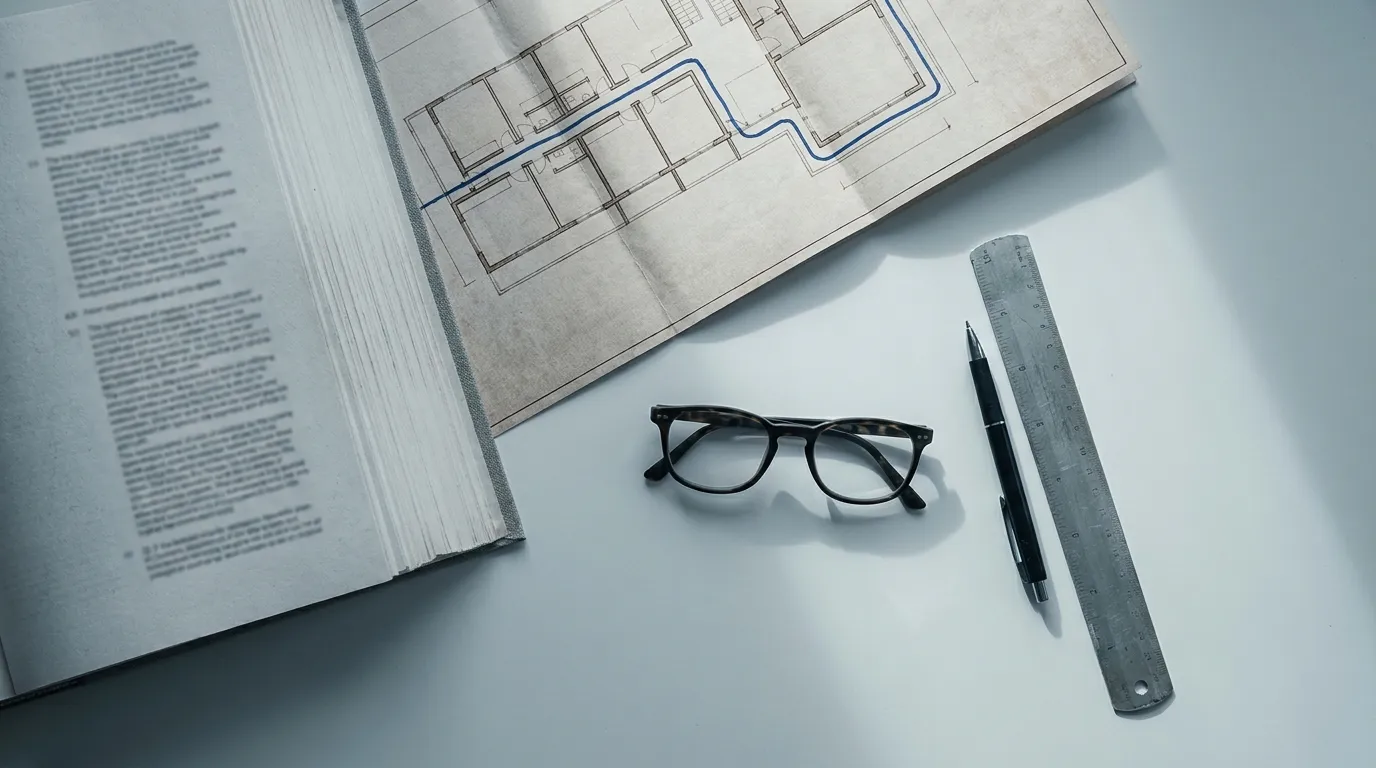 System design document and floor plan showing a marked pipework route