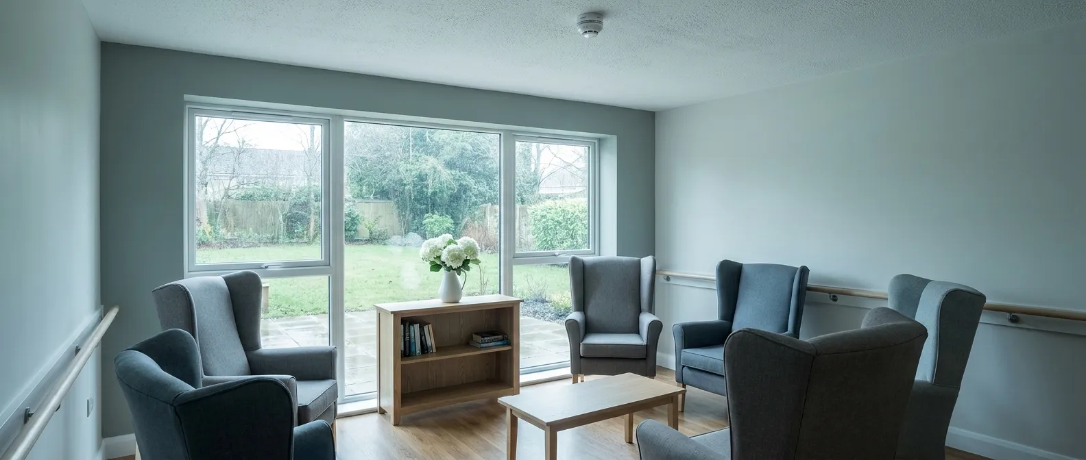 Contemporary care home lounge with armchairs and a large garden window
