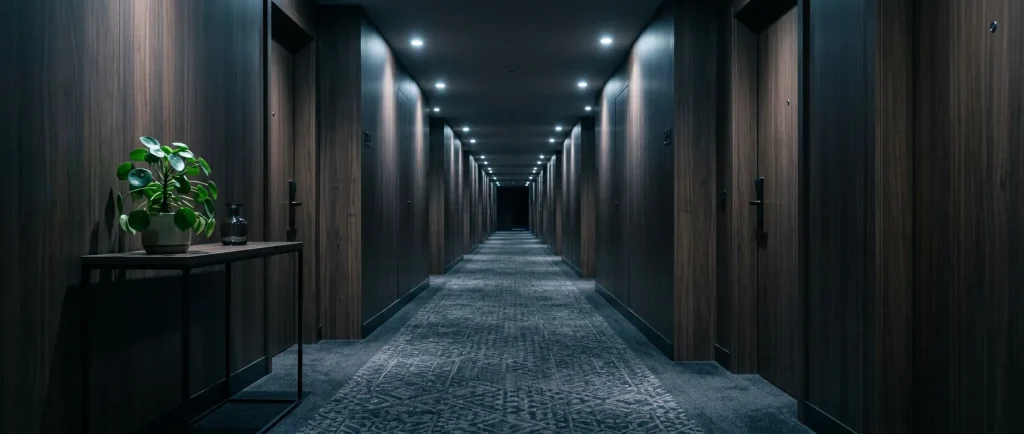 Contemporary boutique hotel corridor with recessed lighting