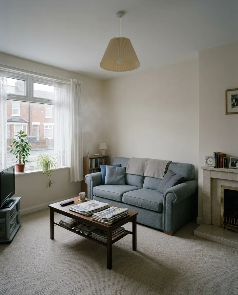Illustrative comparison: a living room left dry and undamaged after a water mist discharge, with fine mist still clearing in the air