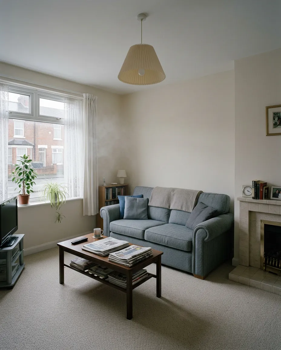 Illustrative comparison: a living room left dry and undamaged after a water mist discharge, with fine mist still clearing in the air