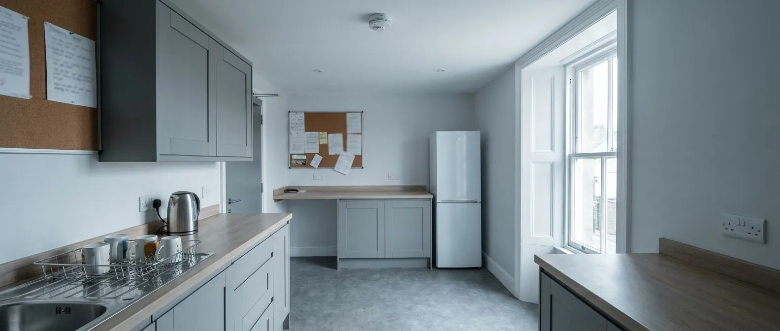 Clean shared kitchen in a house in multiple occupation with a hardwired smoke detector