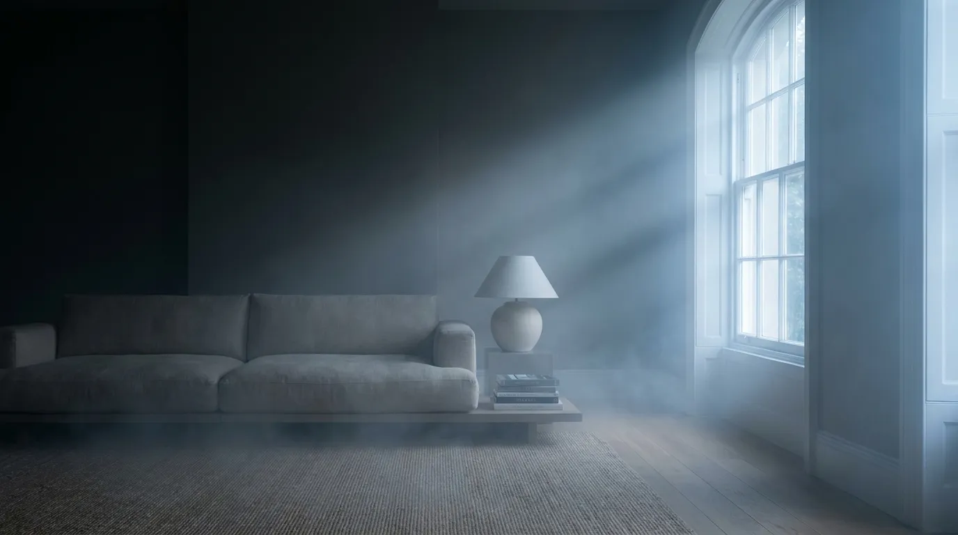 Contemporary living room with fine water mist in low cool light