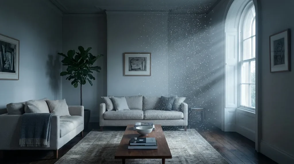 Period living room intact and undamaged with fine water mist suspended in a shaft of daylight