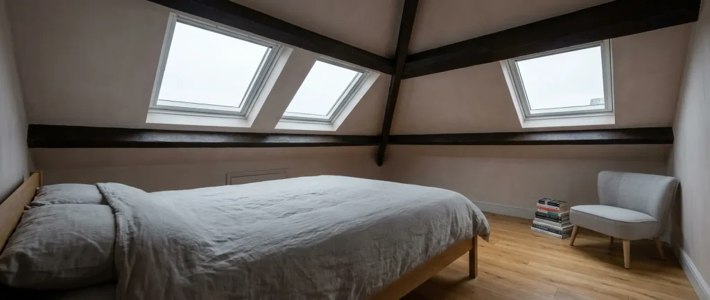 Converted loft bedroom with roof windows and exposed timber