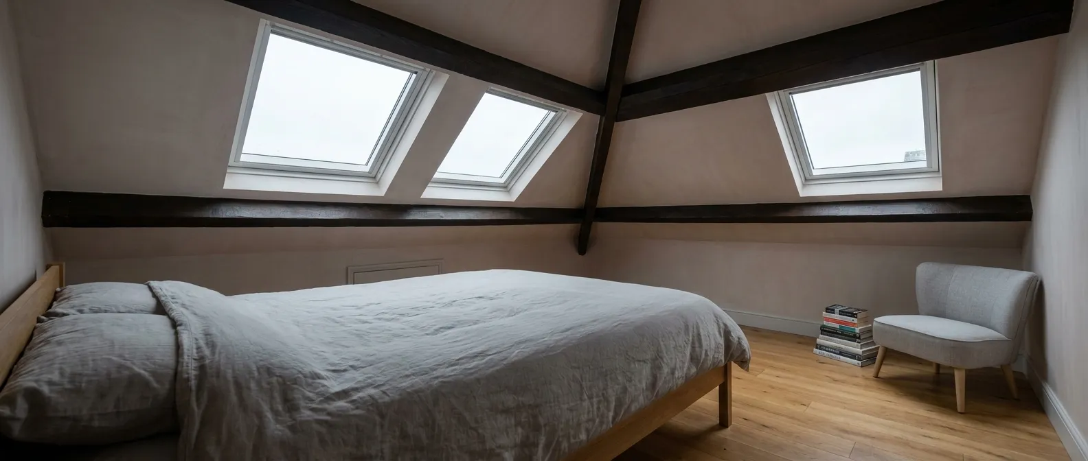 Converted loft bedroom with roof windows and exposed timber