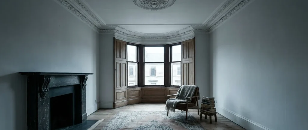 Scottish tenement flat living room with cornicing and a bay window