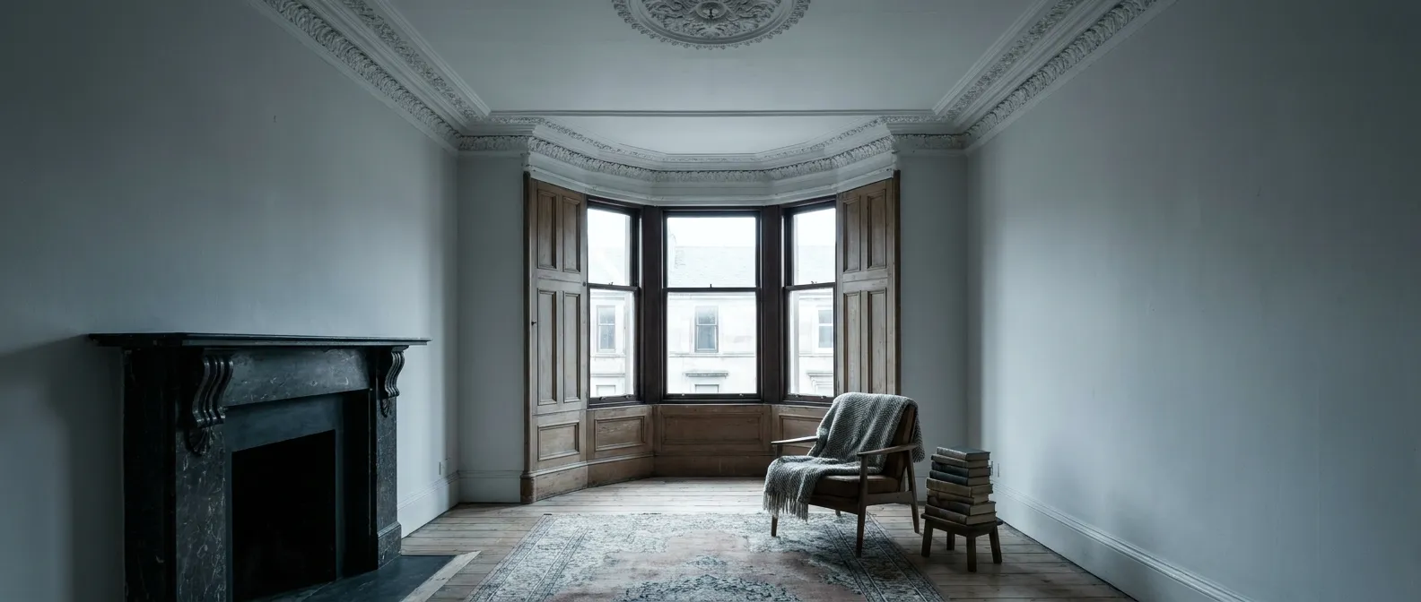 Scottish tenement flat living room with cornicing and a bay window