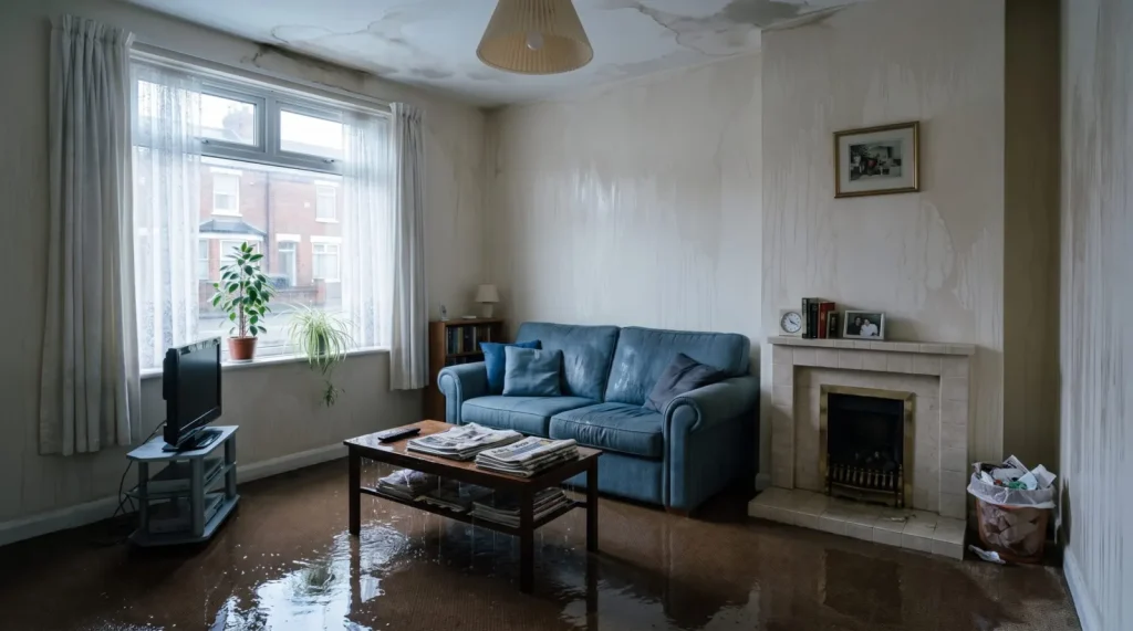 Illustrative: the same living room water-damaged after a sprinkler discharge
