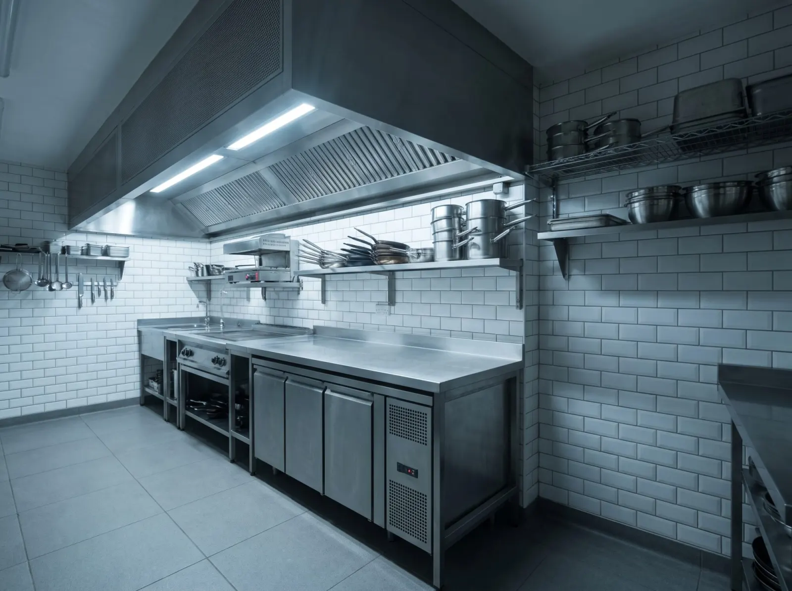 Empty stainless steel prep line in a commercial kitchen