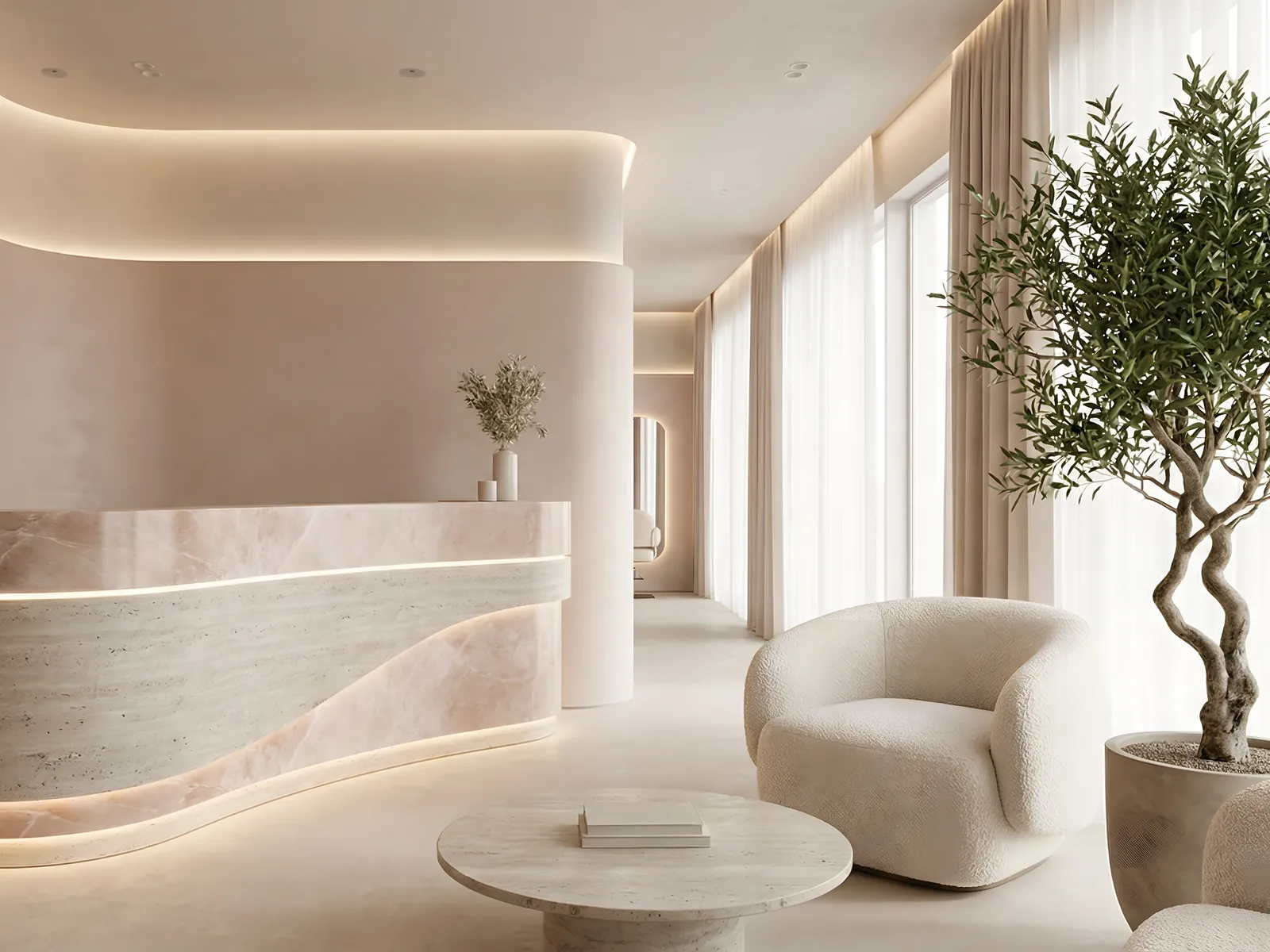 Calm spa reception with a curved stone desk and soft lighting