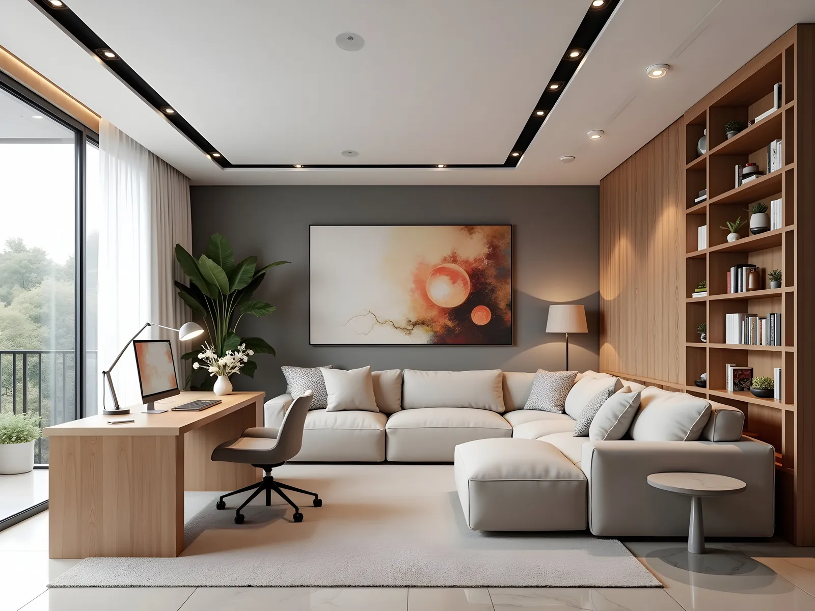 Living room with a home office desk, large sofa and floor-to-ceiling shelving