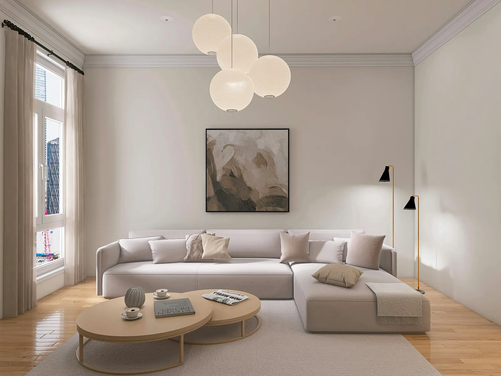 Bright living room with tall windows, a sofa and globe pendant lights